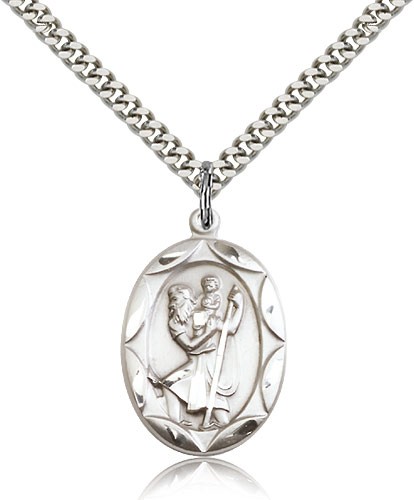 St. Christopher Medal, Sterling Silver - 24" 2.4mm Rhodium Plate Endless Chain