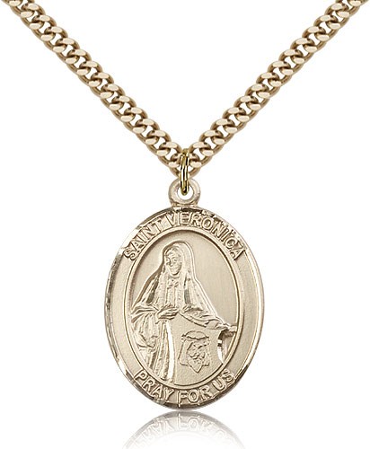 St. Veronica Medal, Gold Filled, Large - 24" 2.4mm Gold Plated Chain + Clasp