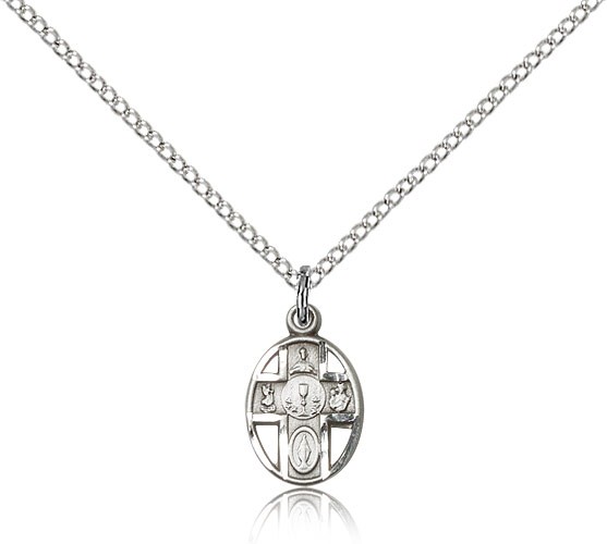 5 Way Cross Chalice Medal, Sterling Silver - 18" 1.2mm Sterling Silver Chain + Clasp