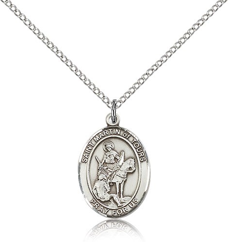 St. Martin of Tours Medal, Sterling Silver, Medium - 18" 1.2mm Sterling Silver Chain + Clasp