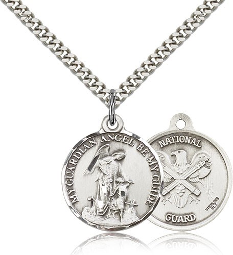 National Guard Guardian Angel Medal, Sterling Silver - 24" 2.4mm Rhodium Plate Endless Chain