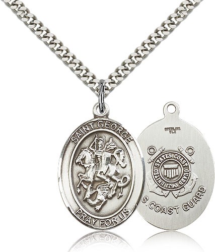 St. George Coast Guard Medal, Sterling Silver, Large - 24" 2.4mm Rhodium Plate Chain + Clasp
