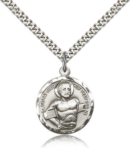 Dismas Medal, Sterling Silver - 24" 2.4mm Rhodium Plate Endless Chain
