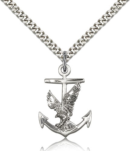 Anchor Eagle Medal, Sterling Silver - 24" 2.4mm Rhodium Plate Endless Chain