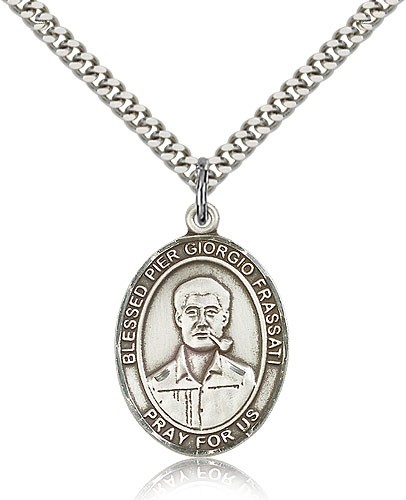 Blessed Pier Giorgio Frassati Medal, Sterling Silver, Large - 24" 2.4mm Rhodium Plate Chain + Clasp