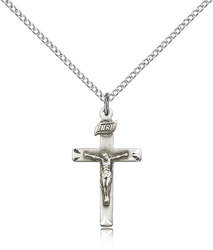 Crucifix Pendant, Sterling Silver - 18" 1.2mm Sterling Silver Chain + Clasp
