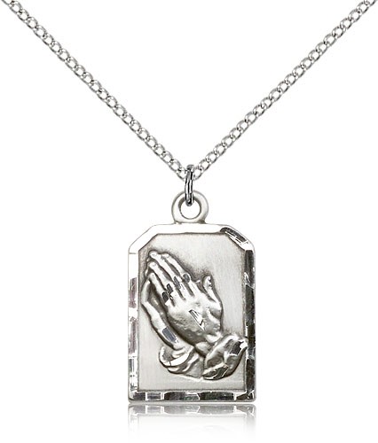 Praying Hands Medal, Sterling Silver - 18" 1.2mm Sterling Silver Chain + Clasp