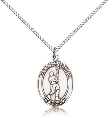 St. Christopher Lacrosse Medal, Sterling Silver, Medium - 18" 1.2mm Sterling Silver Chain + Clasp