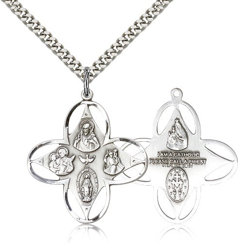 4 Way Cross Pendant, Sterling Silver - 24" 2.4mm Rhodium Plate Endless Chain