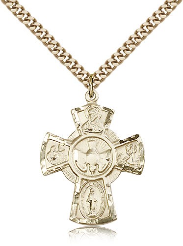 5 Way Cross Pendant, Gold Filled - 24" 2.4mm Gold Plated Endless Chain