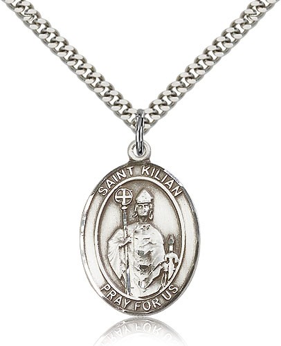 St. Kilian Medal, Sterling Silver, Large - 24" 2.4mm Rhodium Plate Chain + Clasp
