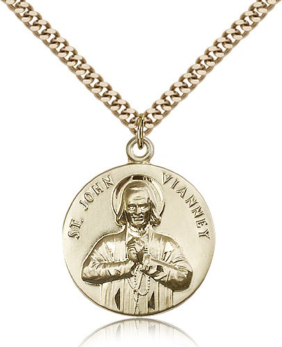 St. John Vianney Medal, Gold Filled - 24" 2.4mm Gold Plated Endless Chain