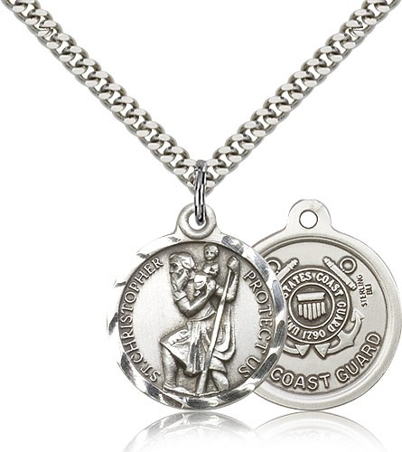 St. Christopher Coast Guard Medal, Sterling Silver - 24" 2.4mm Rhodium Plate Endless Chain