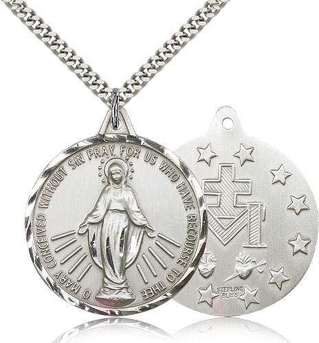 Miraculous Medal, Sterling Silver - 24" 2.4mm Rhodium Plate Endless Chain
