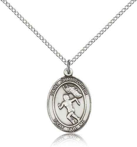 St. Christopher Track &amp; Field Medal, Sterling Silver, Medium - 18" 1.2mm Sterling Silver Chain + Clasp