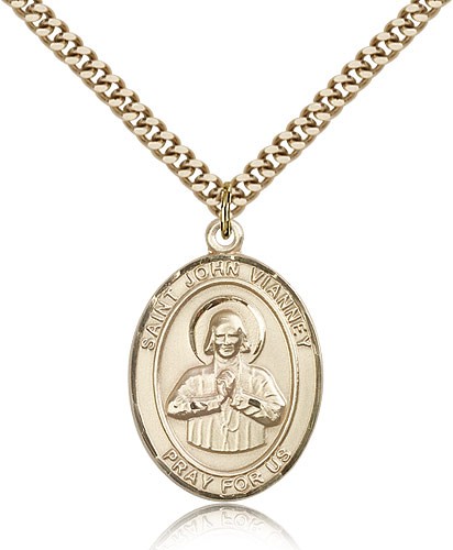 St. John Vianney Medal, Gold Filled, Large - 24" 2.4mm Gold Plated Chain + Clasp