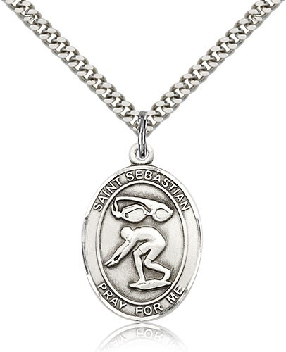 St. Sebastian Swimming Medal, Sterling Silver, Large - 24" 2.4mm Rhodium Plate Chain + Clasp