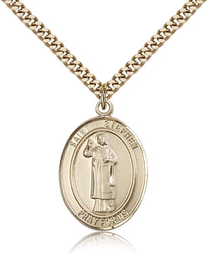 St. Stephen the Martyr Medal, Gold Filled, Large - 24" 2.4mm Gold Plated Chain + Clasp