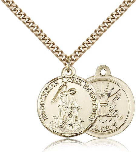 Navy Guardain Angel Medal, Gold Filled - 24" 2.4mm Gold Plated Endless Chain