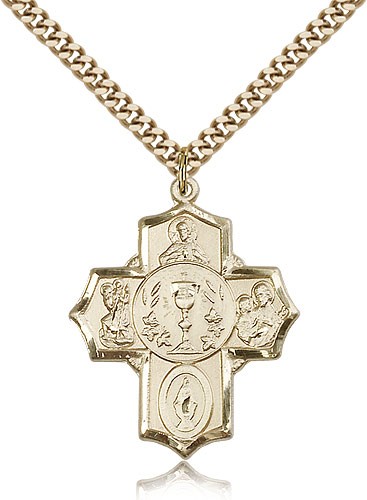5 Way Cross Pendant, Gold Filled - 24" 2.4mm Gold Plated Endless Chain