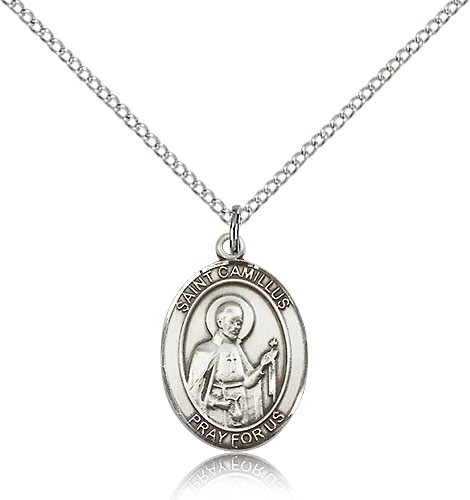 St. Camillus of Lellis Medal, Sterling Silver, Medium - 18" 1.2mm Sterling Silver Chain + Clasp