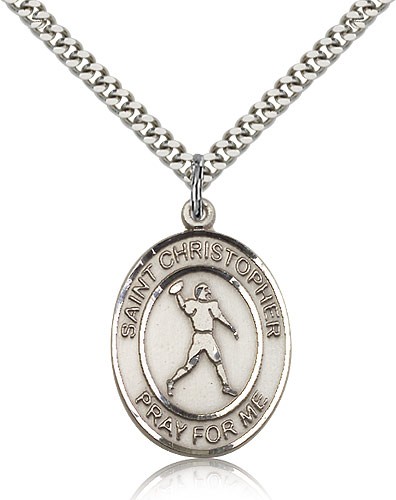 St. Christopher Football Medal, Sterling Silver, Large - 24" 2.4mm Rhodium Plate Chain + Clasp