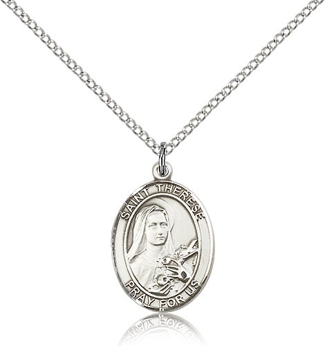 St. Therese of Lisieux Medal, Sterling Silver, Medium - 18" 1.2mm Sterling Silver Chain + Clasp