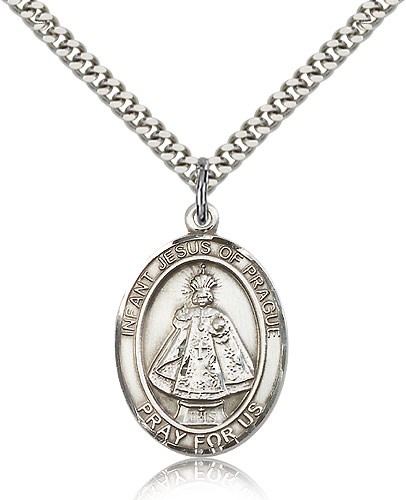 Infant of Prague Medal, Sterling Silver, Large - 24" 2.4mm Rhodium Plate Chain + Clasp
