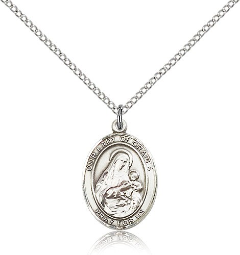 Our Lady of Grapes Medal, Sterling Silver, Medium - 18" 1.2mm Sterling Silver Chain + Clasp