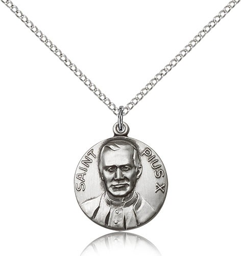 Pope Pius X Medal, Sterling Silver - 18" 1.2mm Sterling Silver Chain + Clasp