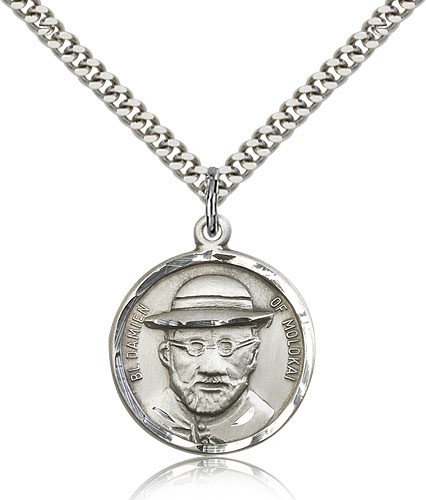 Blessed Damian of Molokai Medal, Sterling Silver - 24" 2.4mm Rhodium Plate Endless Chain