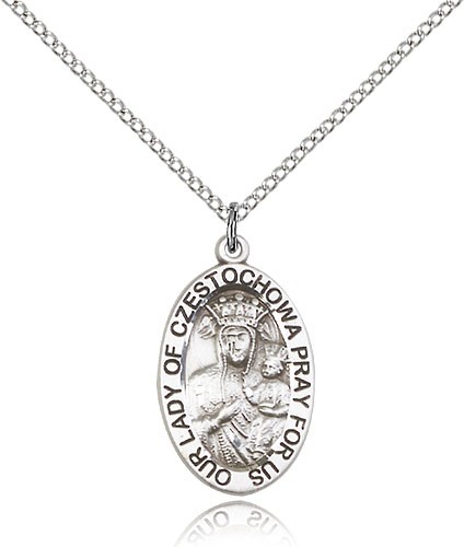 Our Lady of Czestochowa Medal, Sterling Silver - 18" 1.2mm Sterling Silver Chain + Clasp