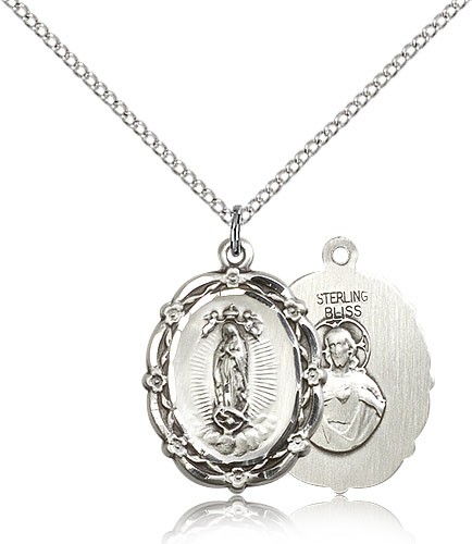 Our Lady of Guadalupe Medal, Sterling Silver - 18" 1.2mm Sterling Silver Chain + Clasp