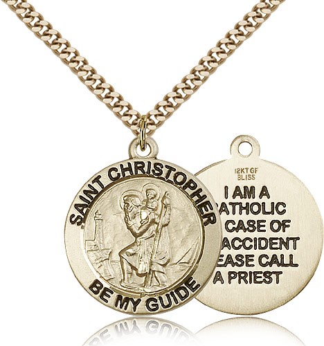 Men's Round 14kt Gold Filled Double Sided St. Christopher Be My Guide Medal - 24" 2.4mm Gold Plated Endless Chain