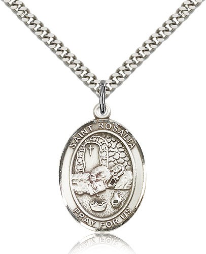 St. Rosalia Medal, Sterling Silver, Large - 24" 2.4mm Rhodium Plate Chain + Clasp
