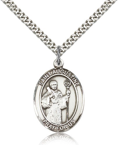 St. Augustine Medal, Sterling Silver, Large - 24" 2.4mm Rhodium Plate Chain + Clasp