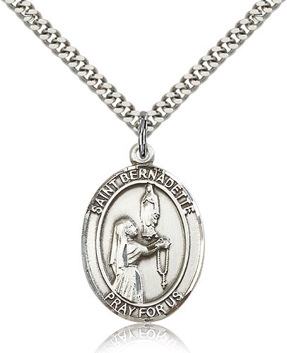 St. Bernadette Medal, Sterling Silver, Large - 24" 2.4mm Rhodium Plate Chain + Clasp