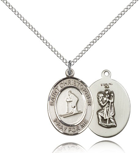 St. Christopher Skiing Medal, Sterling Silver, Medium - 18" 1.2mm Sterling Silver Chain + Clasp