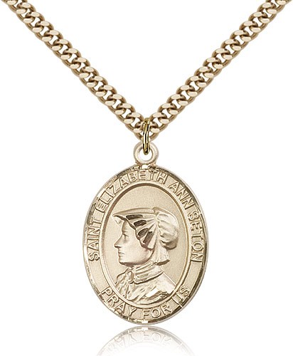 St. Elizabeth Ann Seton Medal, Gold Filled, Large - 24" 2.4mm Gold Plated Chain + Clasp