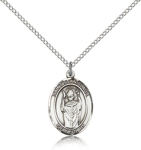 St. Stanislaus Medal, Sterling Silver, Medium - 18" 1.2mm Sterling Silver Chain + Clasp