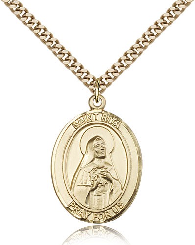 St. Rita of Cascia Medal, Gold Filled, Large - 24" 2.4mm Gold Plated Chain + Clasp
