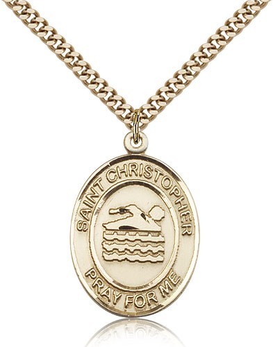 St. Christopher Swimming Medal, Gold Filled, Large - 24" 2.4mm Gold Plated Chain + Clasp