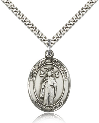 St. Ivo Medal, Sterling Silver, Large - 24" 2.4mm Rhodium Plate Chain + Clasp