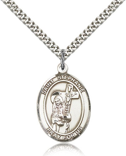 St. Stephanie Medal, Sterling Silver, Large - 24" 2.4mm Rhodium Plate Chain + Clasp