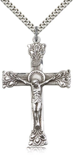 Crucifix Pendant, Sterling Silver - 24" 2.4mm Rhodium Plate Endless Chain