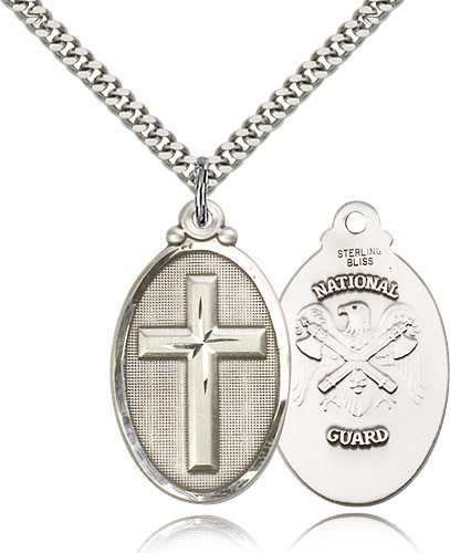 National Guard Cross Pendant, Sterling Silver - 24" 2.4mm Rhodium Plate Endless Chain