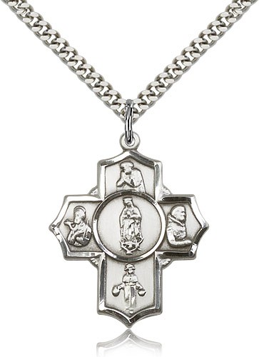Guadalupe Dieg Pio/Xav Nino Medal, Sterling Silver - 24" 2.4mm Rhodium Plate Endless Chain