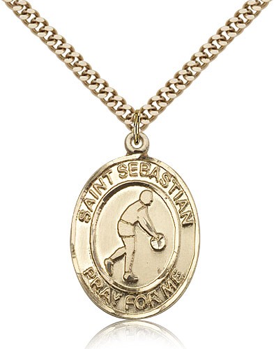 St. Sebastian Basketball Medal, Gold Filled, Large - 24" 2.4mm Gold Plated Chain + Clasp