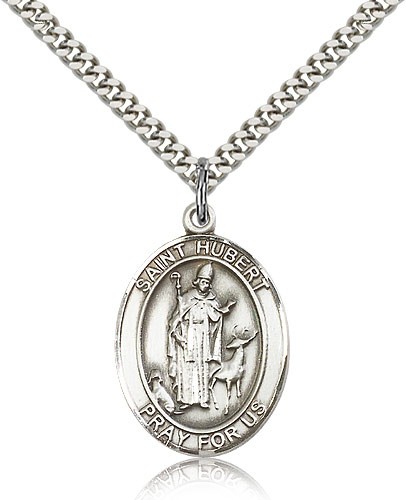 St. Hubert of Liege Medal, Sterling Silver, Large - 24" 2.4mm Rhodium Plate Chain + Clasp