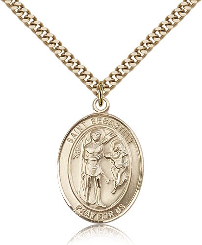 St. Sebastian Medal, Gold Filled, Large - 24" 2.4mm Gold Plated Chain + Clasp